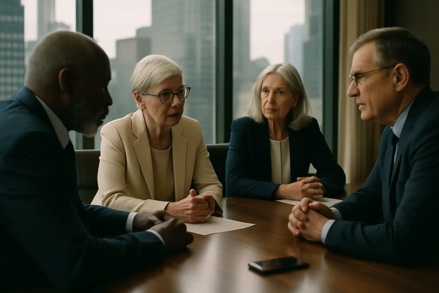 Senior professionals in a boardroom discussion