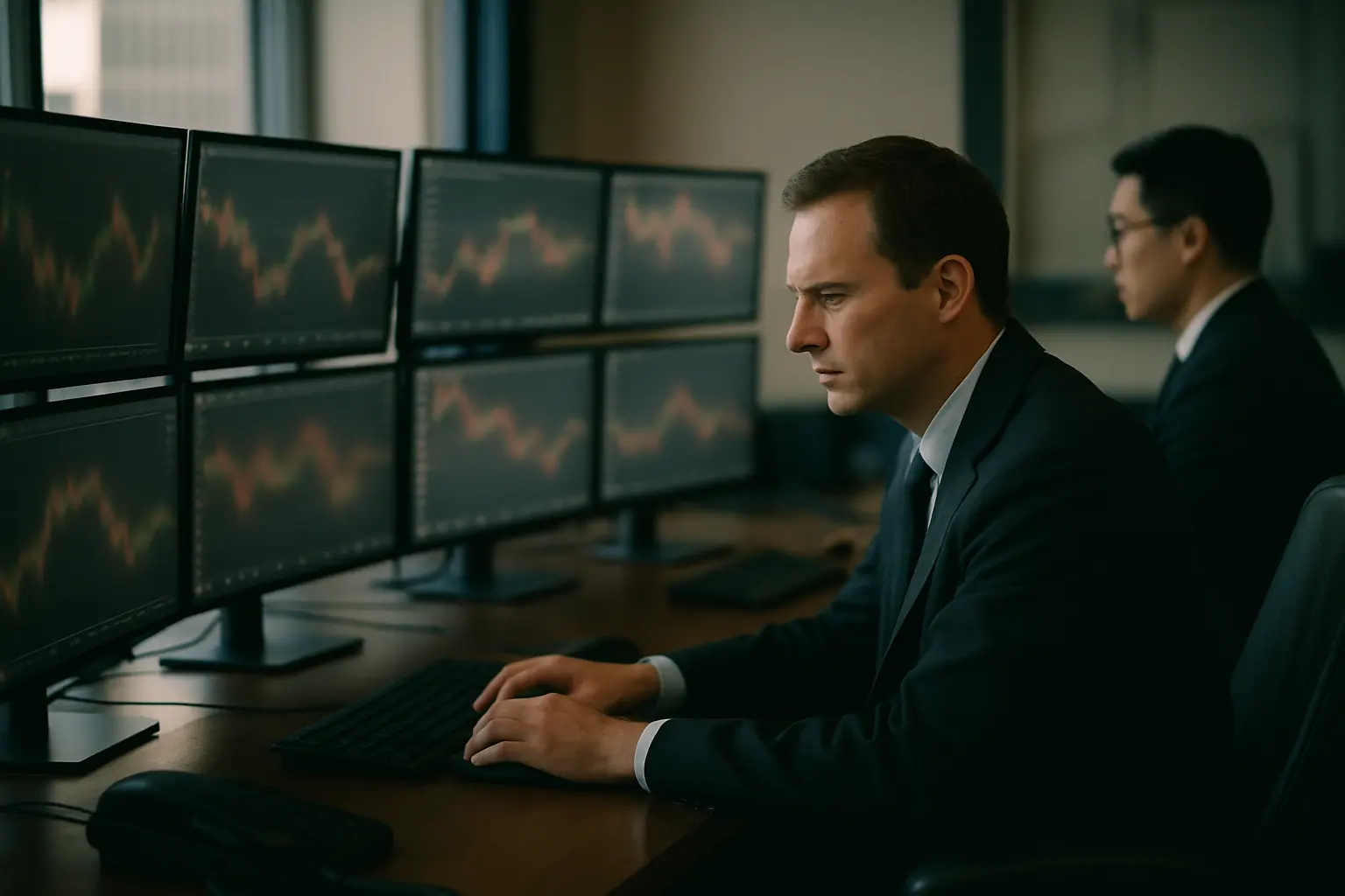 Members of the dealing desk monitoring markets